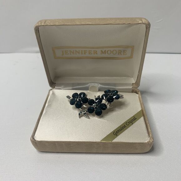 Vintage Jennifer Moore Blue Floral Genuine Crystal Pin With Box - Picture 1 of 10